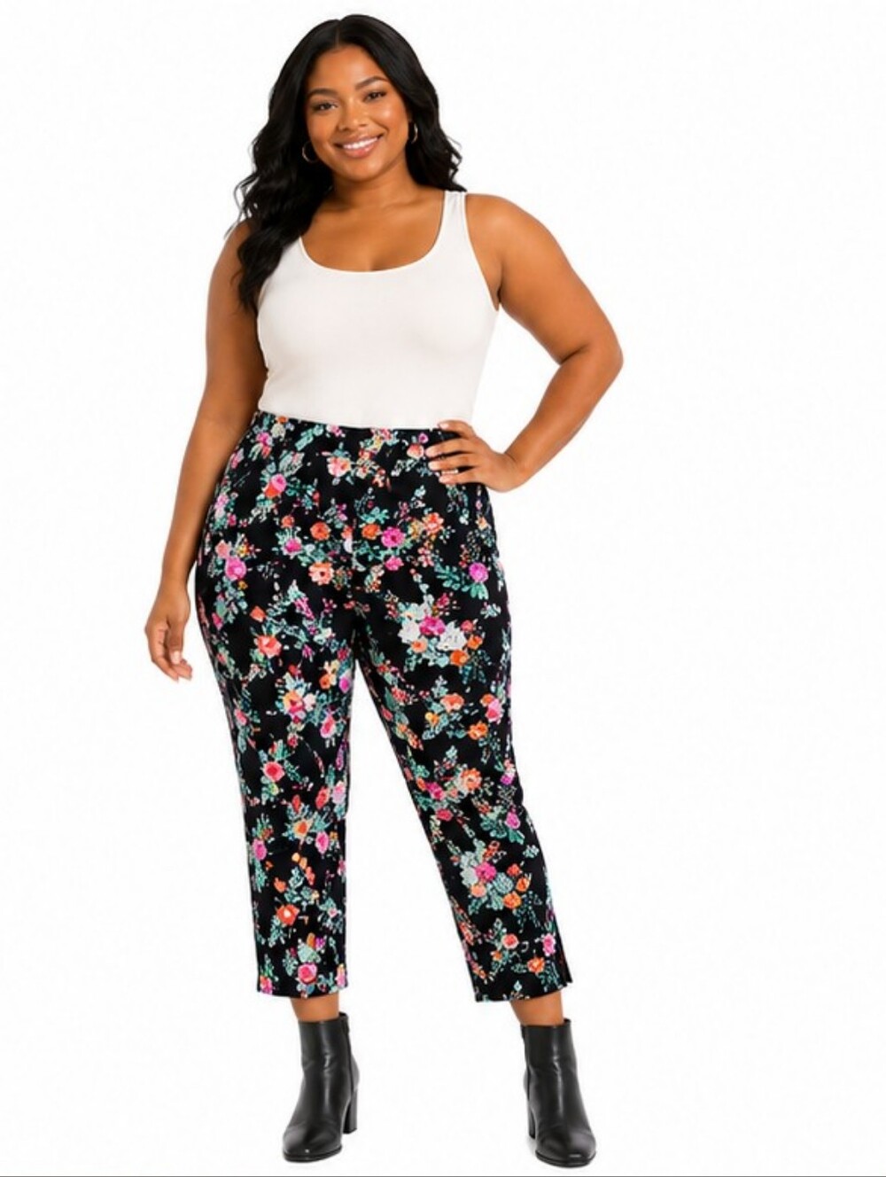 COUNTERPARTS FLORAL BOUQUET CROP PANTS - Black -Super Stretch - SIZE 2X NWT